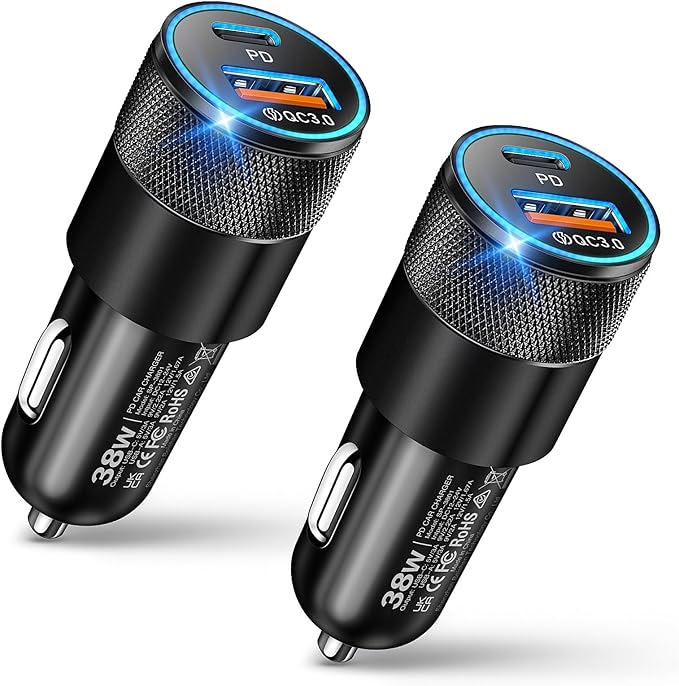USB C Car Charger, 2 Pack 38W Dual Ports USB-C & USB-A Car Charger Adapter Fast Charging Cigarette Lighter Chargers for iPhone 17 Pro Max 16 16e 15, Samsung S24, Pixel Cargador para Carro Phone Plug