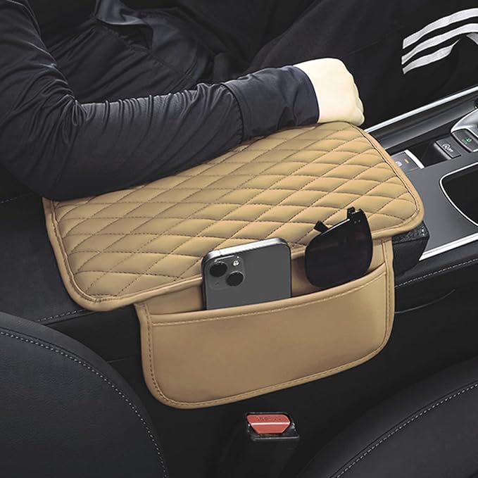 Car Center Console Cover,Leather Armrest Cover Cushion with 2 Storage Bags Universal Car Armrest Seat Box Pad Car Interior Accessories Protector for Most Vehicle(Beige)
