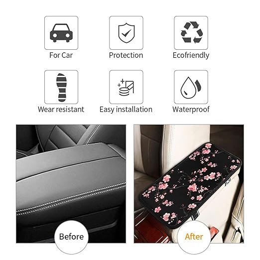 Nice Sakura Blossom Black Car Auto Armrest Cushion Cover Accessories Center Console Seat Box Pad Protector Universal Decoration for Most Vehicle SUV Truck
