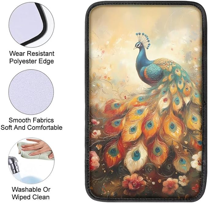 Suobstales Peacock Flower Print Car Armrest Pad Soft Center Console Arm Rest Protector Cover Universal Car Interior Accessories Decoration