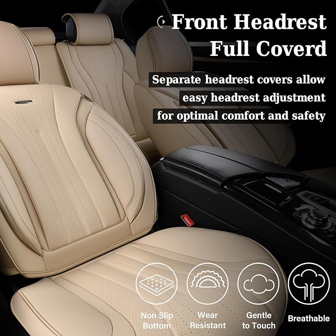 Coverado Car Seat Covers Full Set, Breathable Nappa Leather Seat Covers for Cars, Universal Seat Covers, Front and Back Waterproof Car Seat Protector, Automotive Seat Cushion Fit Most Cars(Beige)