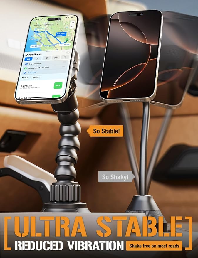 ToughTested MagTough Python Magnetic Cup Holder Phone Mount for Car - Heavy Duty MagSafe Car Mount with Flexible Python Arm - Universal SUV & Truck Accessories - 360 Rotation, Stable Expandable Base
