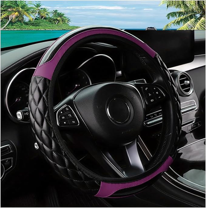 Car Steering Wheel Cover, 14.5-15inch Leather Anti-Slip Car Wheel Cover Protector, Safety Comfortable Desgin, Universal Auto Steering Wheels Accessories for Cars Truck SUV (Purple)