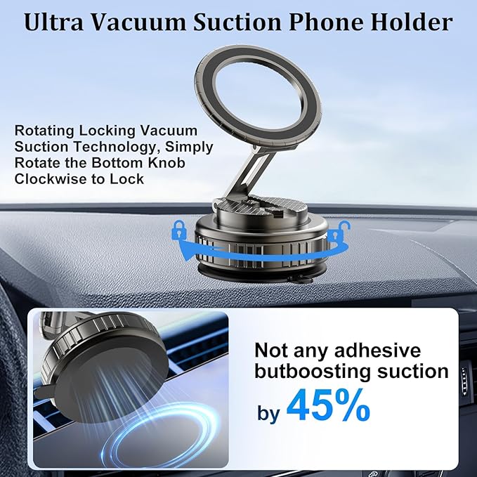 Kairiyard Phone Holders for Your Car, Ultra Vacuum Suction Cup Magnetic Car Phone Holder Mount 360° Adjustable Foldable Cars Phone Stand Compatible with MagSafe iPhone All Smartphones