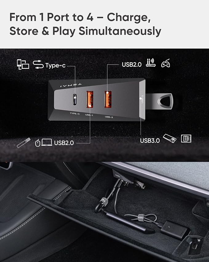 TEMAI Glovebox USB Hub for Tesla Model Y (2021-2024) & Model 3 (2021-2023) - 4-in-1 Docking Station Adapter for Sentry Mode Dashcam SSD Data & Game Controller - Cybertruck Style Spiliter
