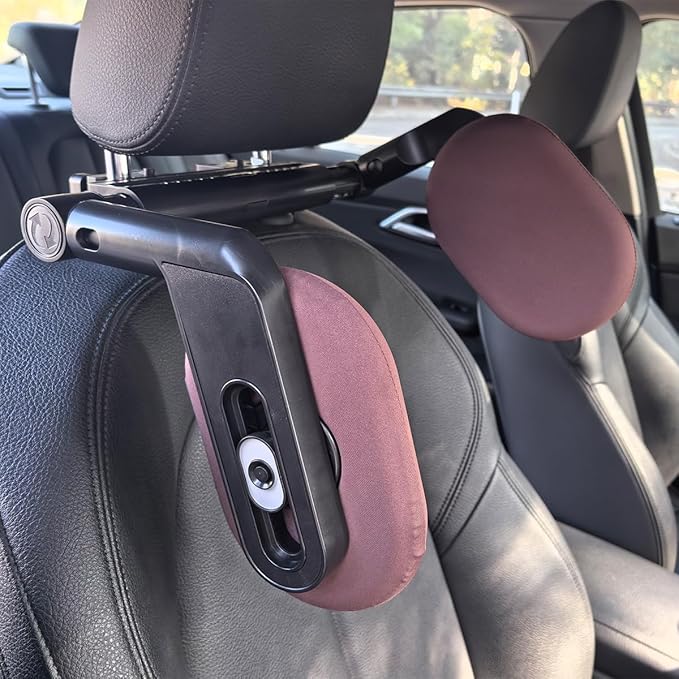 Head Rest Pillow for Car with Hook, Adjustable Car Seat Travel Pillow, Neck Support for Car Seat with Memory Foam & Ice Silk, Kids Adult Road Trip Sleeping Pillow Brownish Red (1 Eye Mask Included)