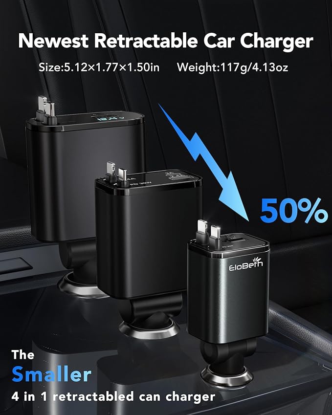 Retractable Car Charger,69W Car Phone Charger USB C Fast Charge,Cigarette Lighter USB Charger Car Accessories for Women,Road Trip Essentials Gift for Men,RV Power Adapter for iPhone 17/16/15/14,Galaxy