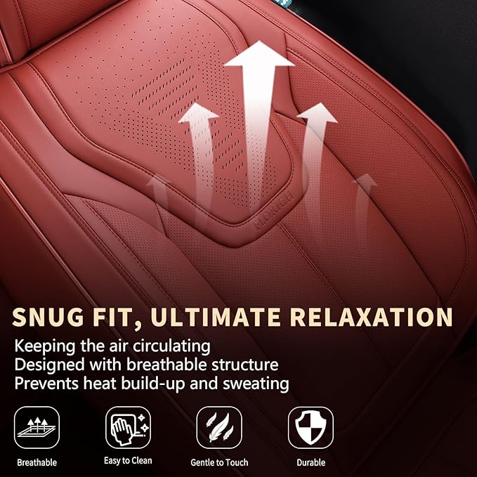 FLORICH Car Seat Cover Full Set, Red Automotive Seat Covers, Luxury Faux Nappa Leather Car Seat Protectors, Car Seat Cushions Universal Fit for Most Sedans SUVs Trucks - Red