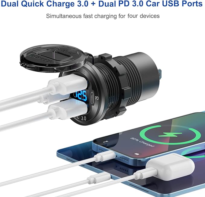 2025 Upgraded 4 Port 12 Volt USB Outlet Cigarette Lighter Socket Panel, Dual PD3.0 and Dual QC3.0 USB Ports Aluminum Car Charger with Voltmeter, Lighted 150W Socket, 2 in 1 DIY Kit for Boat RV, etc.