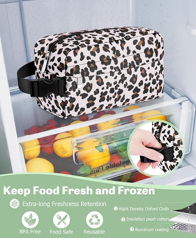 Small Insulated Snack Bag Lunch Bag for Kids Lunch Box for Women/Men, Collapsible [3L/5-Can] Reusable Lunch Bag Cooler Bag for Bottle with Handle Buckle for Work/School/Travel,Leopard Print
