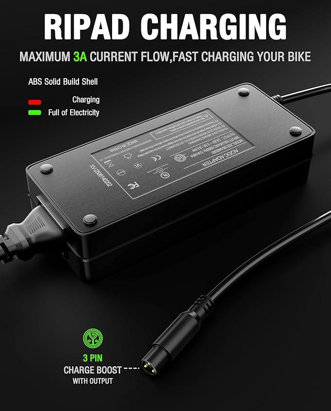 UL Listed 54.6V 3A Fast Battery Charger Compatible with Super 73 Ebikes - Waterproof 110V Power Adapter with 3-Pin Connector for Z/S/R-Series, Z Adventure, S2, RX and More eBikes Lithium Battery