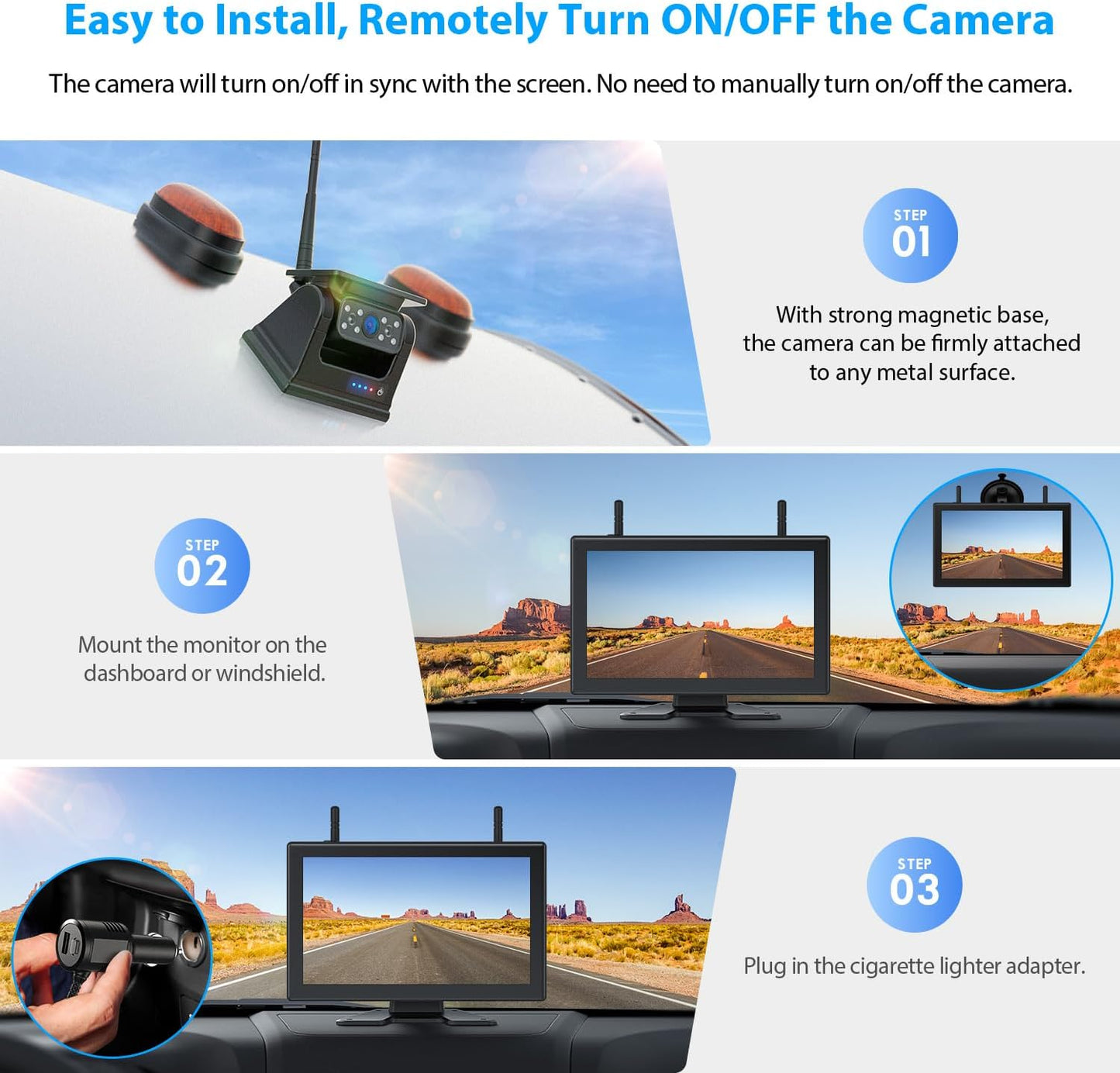 3 Magnetic Solar Wireless Backup Camera HD1080P Loop Recording 10.1 Inch Touchscreen Monitor, Quad RV Rearview Backup Cameras Wireless System for RV Trailer Tractor Truck, BL103