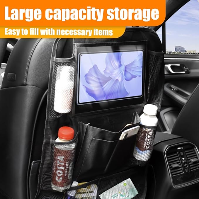 ZIMISI Car Backseat Organizer, Oxford Cloth Kick Mats Back Seat Protector with 9 Pockets & Clear Tablet Holder, Universal Waterproof Car Road Trip Essentials Storage Accessory (1PC)