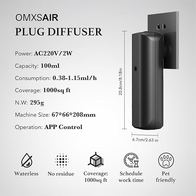 Waterless Wall Plug in Diffuser - Coverage 700 Sq.FT - Nanotechnology Plug in Scent Diffuser for Essential Oils- for Hotel and Home or Office - Smart Bluetooth APP Operation(Black)