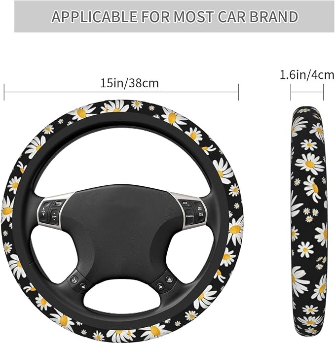 Cute Daisy Flowers Universal 15 Inch Steering Wheel Covers Non Slip Neoprene Car Wrap Cover for Adults