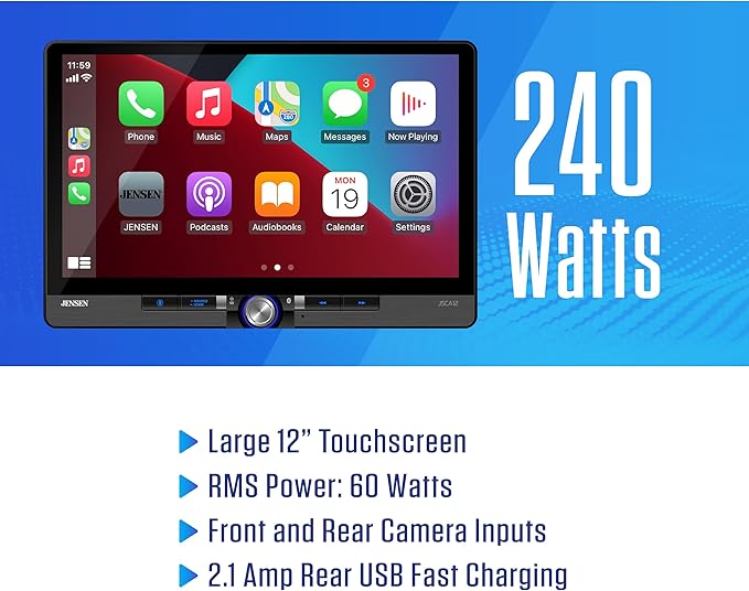 JENSEN J5CA12 11.6-inch Certified Apple CarPlay Android Auto Wired or Wireless | Maestro & Metra Axxess Ready | Single & Double DIN Car Stereo | SiriusXM Ready | Bluetooth | Front & Rear Camera Inputs