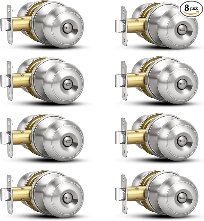 Plustool 8 Pack Brushed Nickel Door Knobs,Privacy Door Knob with Lock, Interior Doorknobs Silver, Keyless Door Locks Set for Bedrooms Bathrooms, Reversible for Left/Right Door Handle
