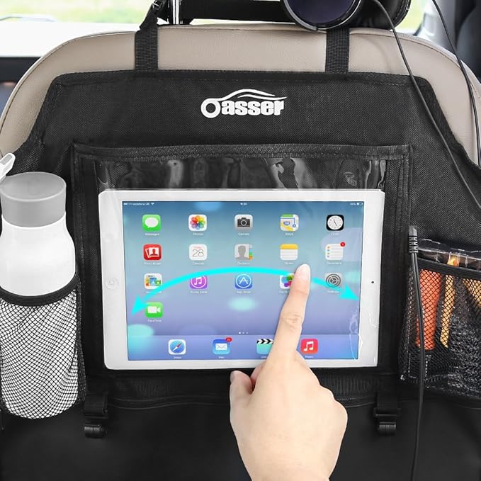 Oasser Seat Back Protector Kick Mats 12.9" I pad Holder 2 Pack XL with 1 Tissue Box Car Seat Organizer Back of Seat Protector Clear 2 Large Car Organizers and Storage