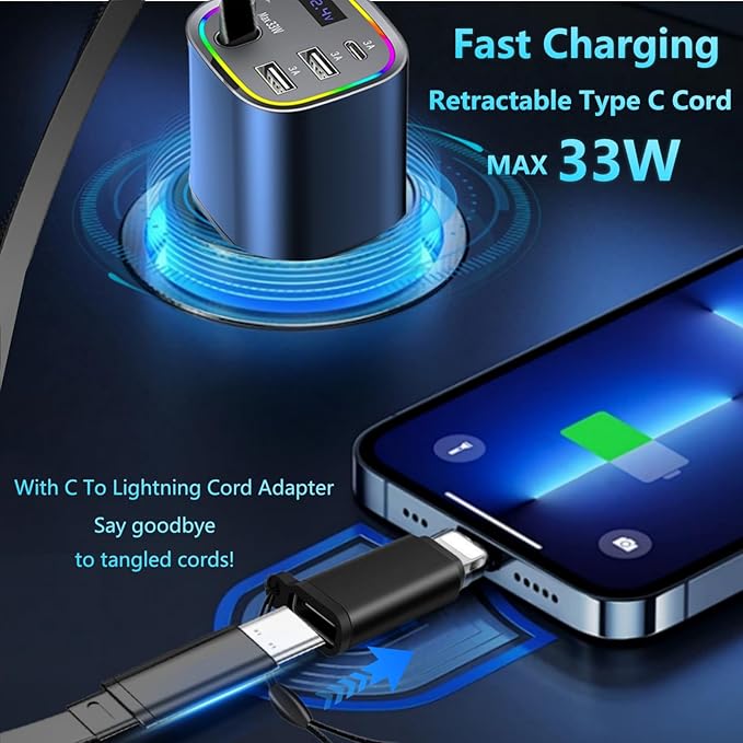 Car Charger USB C Fast Charge, AGEMANY 78W Cigarette Lighter Adapter with C Cable RGB Light & Voltage Display, 4in1 Retractable Car Phone Charger for iPhone 16 15 Android, Car Accessories Gift (Blue)