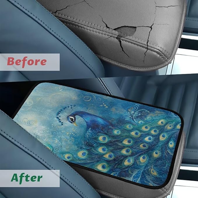 Blue Peacock Armrest Cover Full Coverage Car Arm Rest Cushion Washable Middle Console Lid Cover Pad Protector Elbow Universal Fits Most Cars, SUVs, Trucks and Vans