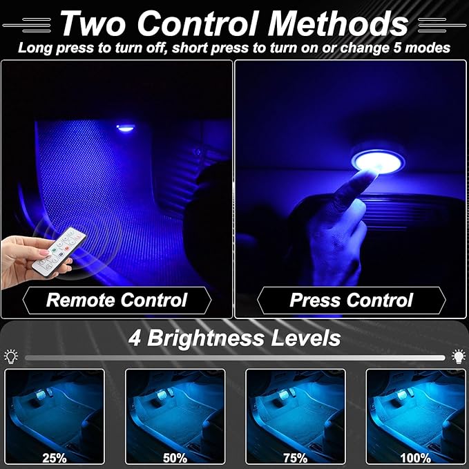 4PCS Wireless Car LED Lights with Remote Control, 16 Colors Interior Car Led Puck Lights, Rechargeable Ambient Lighting Kit with Dimmer & Timer, Inside Night Lamp for Vehicle Home Decoration