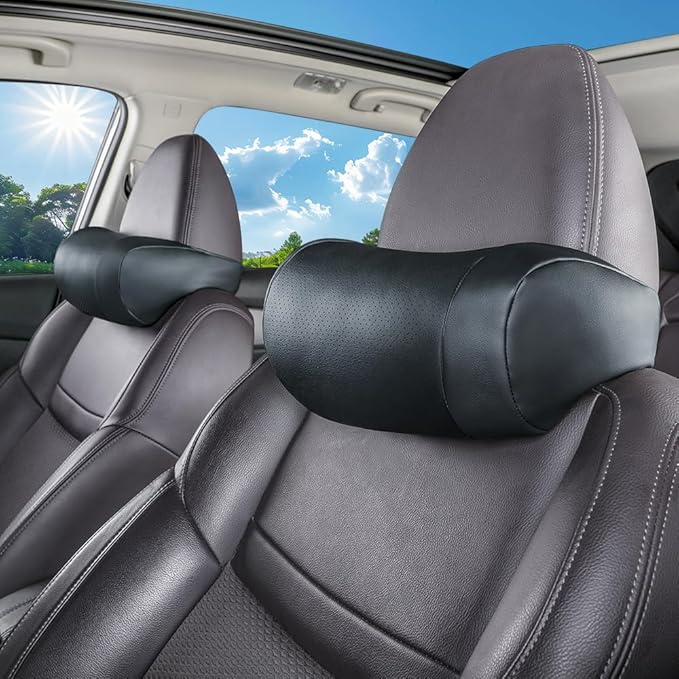 Car Neck Pillow, headrest, Cushion. Three-Point fit to the Neck Curve, Stable Support for the Cervical Spine, relieves Neck Soreness. Perforated PU Leather with high Breathability, Durable 1P（Black）