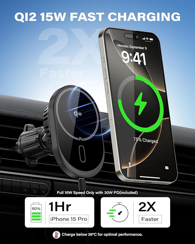A2C for MagSafe Car Mount Charger, QI2 15W Wireless Car Charger with Dual Cooling Tech, Magnetic Car Charger for iPhone 17 16 15 14 13 12, Dash+Windshield+Vent Mount, PD 30W Adaptor Included