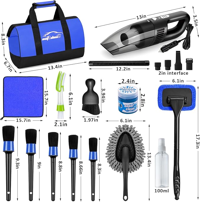 AUTODECO Car Cleaning Kit, Car Vacuum Interior Detailing Cleaner Kit with High Power Handheld Vacuum, Brush Set, Windshield Tool, Duster, Towels, Complete Car Care Tools for Women (Blue)