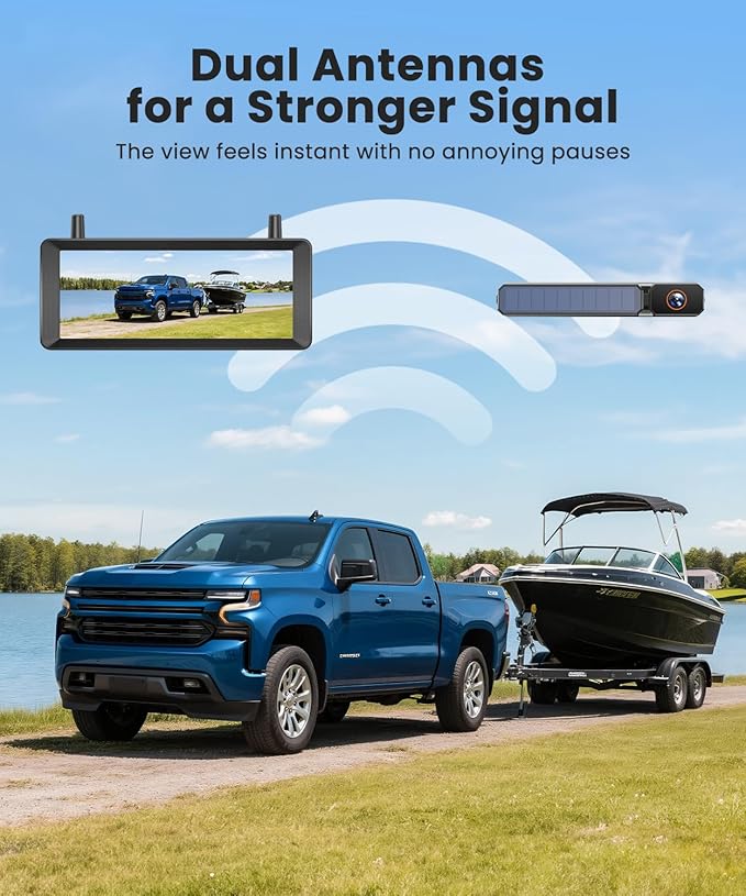 Solar Wireless Backup Camera: 7.2" 1080P Monitor, 2-Min DIY Installation, Dual Antennas, Split-Screen DVR Recording, IP69K Waterproof Reverse Camera for Car, Van, SUV, Truck, Trailer