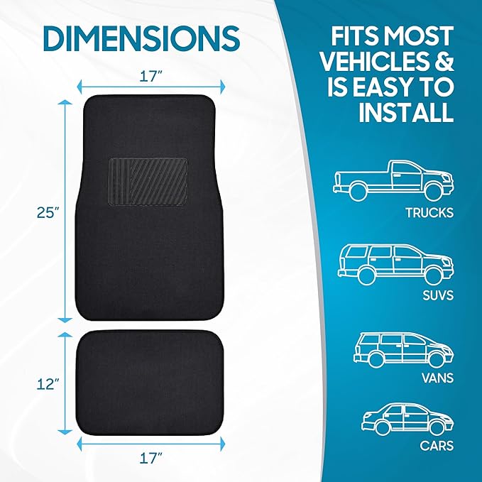 BDK Premium 4PC Set of Carpet Car Floor Mats with Vinyl Safety Heel Pad for Car, Truck, SUV, Coupe Sedan, Black (MT-100-BK)