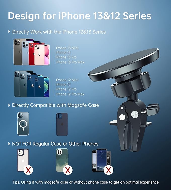 Magnetic Car Mount Phone Holder - Mag Safe Air Vent Phone Mount for Car Compatible with iPhone 15 14 13 12 Pro Max Mini Plus, 360° Adjustable Mag Safe Car Mount Phone Holder for All Phone