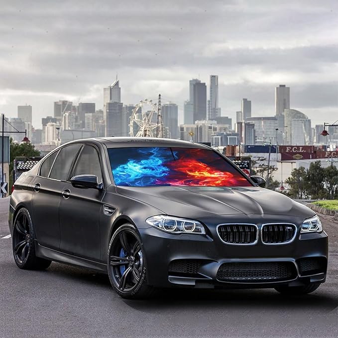 Socira Red Fire Blue Ice Car Windshield Sun Shade Umbrella Foldable Sunshade for Front Window Auto Windshield Sunshade Covers Car Accessories Protect from Sun Rays Heat 57'' X 30''
