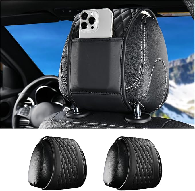 2PCS Leather Headrest Covers for Cars,Multi-Purpose Car Headrest Cover with Storage Bag,Stylish Head Rest Cover for Car as Back Seat Organizer with Diamond Check Pattern