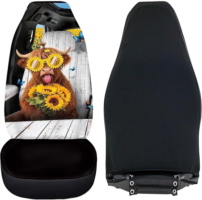 Highland Cow Car Front Seat Covers Set of 2 Nonslip Car Seat Covers Front Seats Only Stretch Polyester Fabric Cover Cars Seats Covers Protector for Cars Sedans SUVs