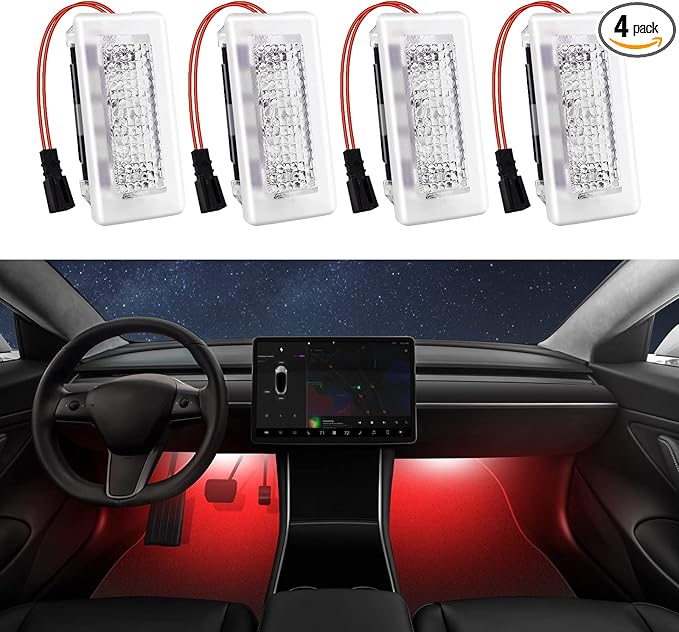 4 Pcs Interior LED Lights Bulbs Kit Compatible with Tesla Model 3, Y, X, S, Super Bright Replacement Light Bulbs for Footwell, Door Puddle, Trunk, Frunk - for Tesla Accessories (Red)