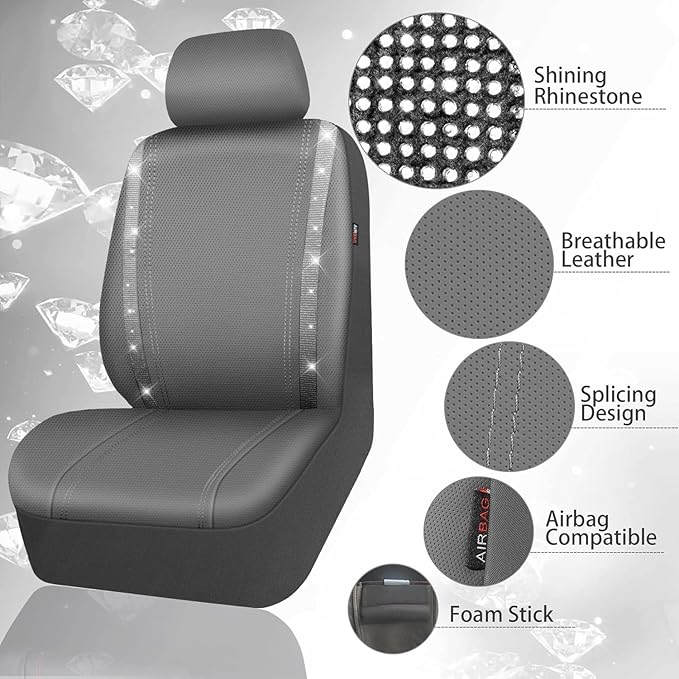 CAR PASS Bling Car Seat Covers Full Set, Shining Glitter Rhinestone Diamond Waterproof Faux Leather Interior Sets Universal Fit Automotive Glitter Crystal Sparkle Strips for Cute Women Girl, Gray