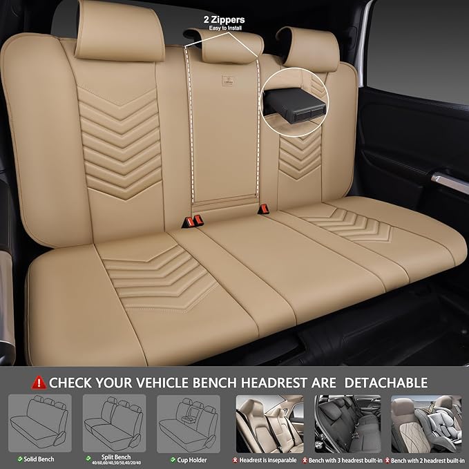 CAR PASS 3D Foam Faux Leather Car Seat Covers Full Set,Waterproof Tan Leather Seat Cover for Cars,Luxury Universal Fit Anti-Slip for SUV Truck Sedan Automotive,Armrest Airbag Compatible,All Beige