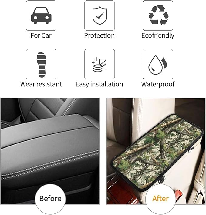 Anti-Scratch Car Center Console Cushion Pad Camo Camouflage Waterproof Armrest Seat Box Cover Protector Green Leaf Branch Comfortable Car Decor Accessories