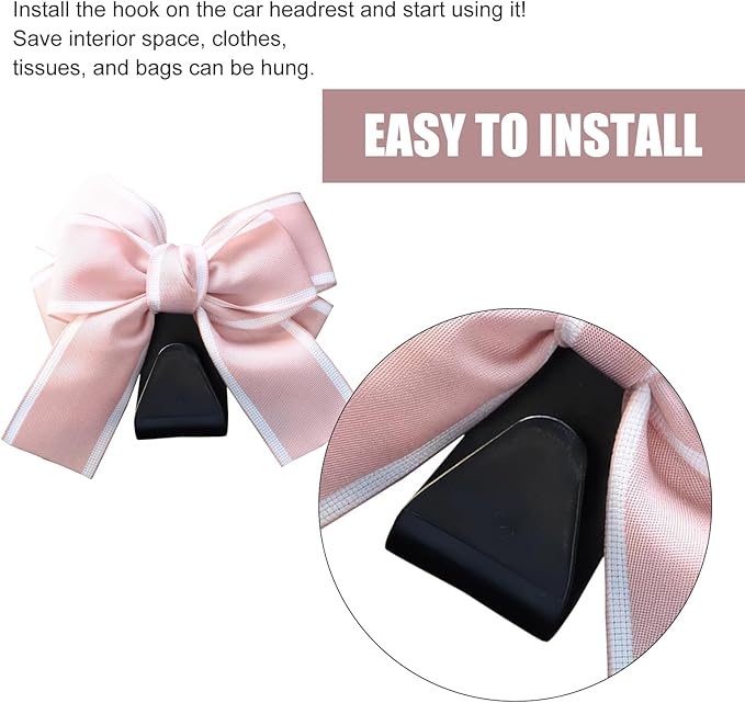 2 Pack Car Seat Headrest Hooks, Cute Bow Design Backseat Hook Storage Organizer for Purses, Handbags, Coats, Umbrellas, Cute Car Accessories for Women and Girls (Pink)