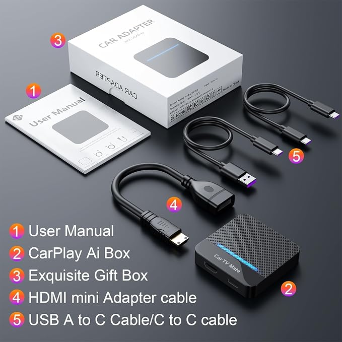 Car TV Mate 2025 Built-in Wireless CarPlay Adapter, Fire TV Stick Converter for Car Plug & Play, Stable Fast, No Latency, HDMl Multimedia Adapter with Factory Wired CarPlay and Most Streaming Devices