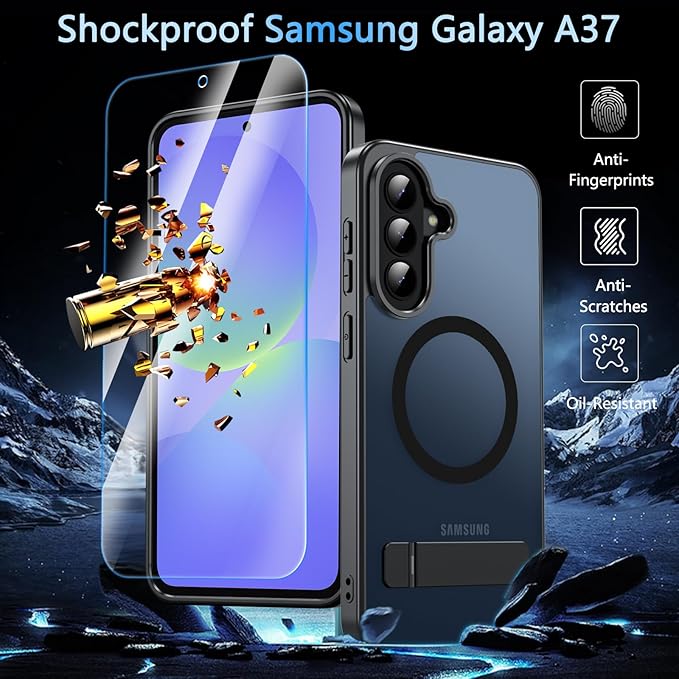 OWKEY for Samsung Galaxy A37 5G Case with Stand, Magnetic Shockproof Case Fit for Magsafe Translucent Matte Cover for Samsung A37, Black