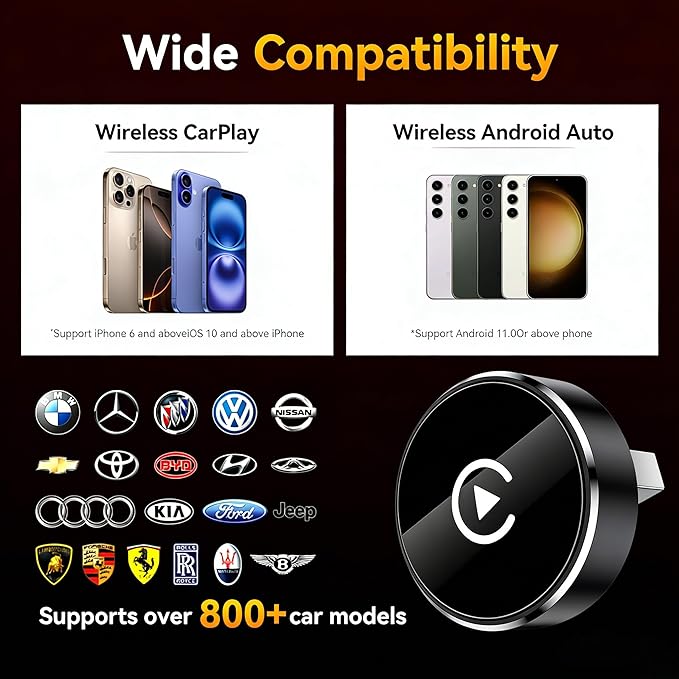 Wireless CarPlay Adapter, 2-in-1 Mini CarPlay & Android Auto Wireless Adapter, Plug & Play, Auto Connect, Car Accessories, Car Play Dongle Compatible with iPhone & Android