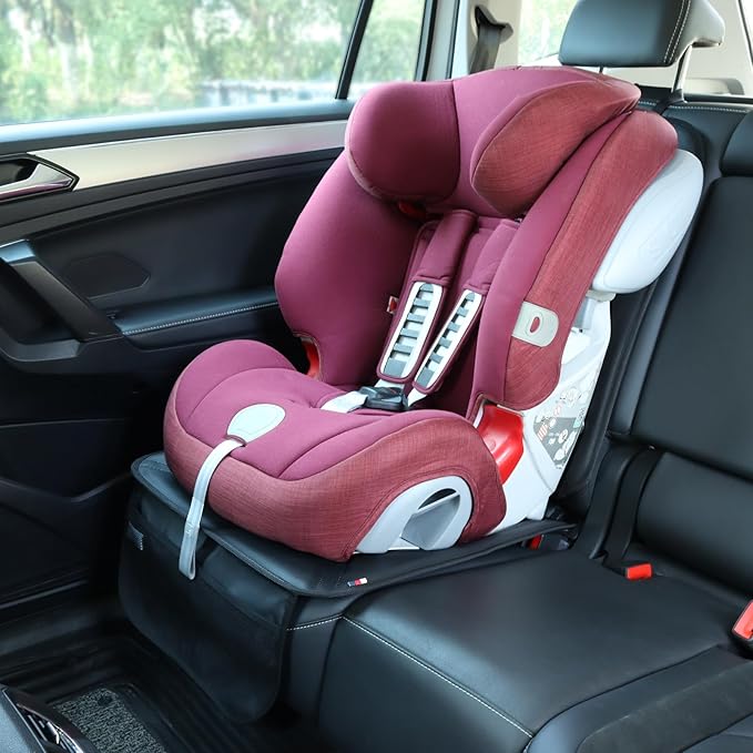 Car Seat Protector Leather Waterproof Child Safety Seat Protector Cover with Thick Pad and 2 Large Pockets Durable Kick Mat for All Auto Seat (Black)