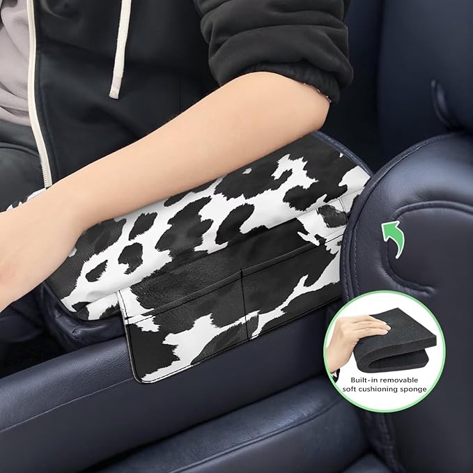Wanyint Black White Cow Print Auto Center Console Pad Soft Armrest Box Mat Protector Non-Slip Middle Console Cover with Pockets Storage Bag Hand Rest Pillow Automobile Decor Accessories