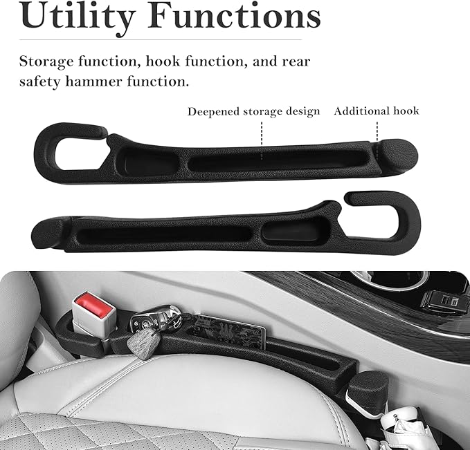 Car Seat Gap Filler 2 Pack with Organizer Hook, Car Seat Gap Plug Fills Gap Between Seat & Console Prevent Small Items & Tools from Falling Seat Side Gap Fits Cars, SUVs, Trucks & Sedans