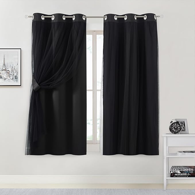 Bujasso Black Blackout Curtain Panels with Sheer Overlay Mix and Match Double Layer Thermal Insulated Window Treatment Set for Bedroom Living Room Black Drapes with Tiebacks Grommet Top 37" Wx63 Lx2
