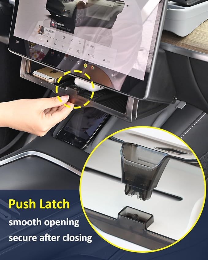 Hidden Under Screen Storage for Tesla Model Y 2020-2026 Juniper Interior Accessories, Model 3 Highland Center Console Organizer with Push-Latch & Dampers, Smooth Opening, Rattle-Free, 2 Black Mats