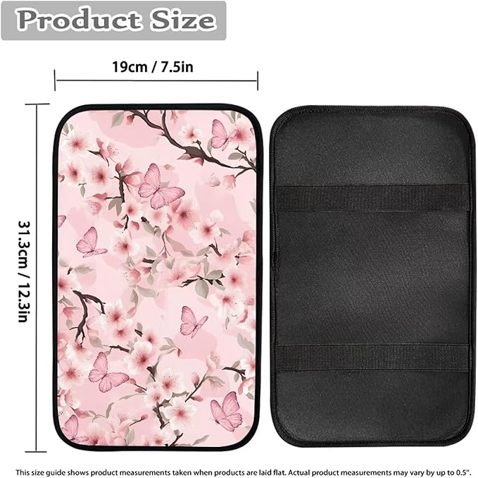 Cherry Blossom Butterfly Soft Armrest Seat Box Cover Car Armrest Cushion Car Decor Protective Car Accessories Fit for Most Cars, Vehicles, SUVs