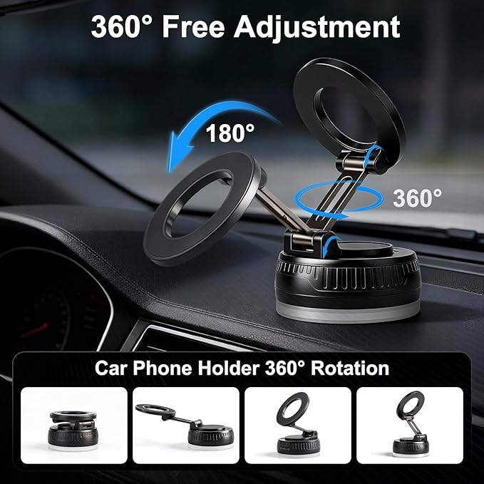 Magnetic Phone Holder for Car, Vacuum Suction Phone Mount Magnet Cell Phone Holder, 360° Rotation Foldable Windshield Dashboard Phone Holder Car Mount, Compatible with Magsafe iPhone & All Smartphones