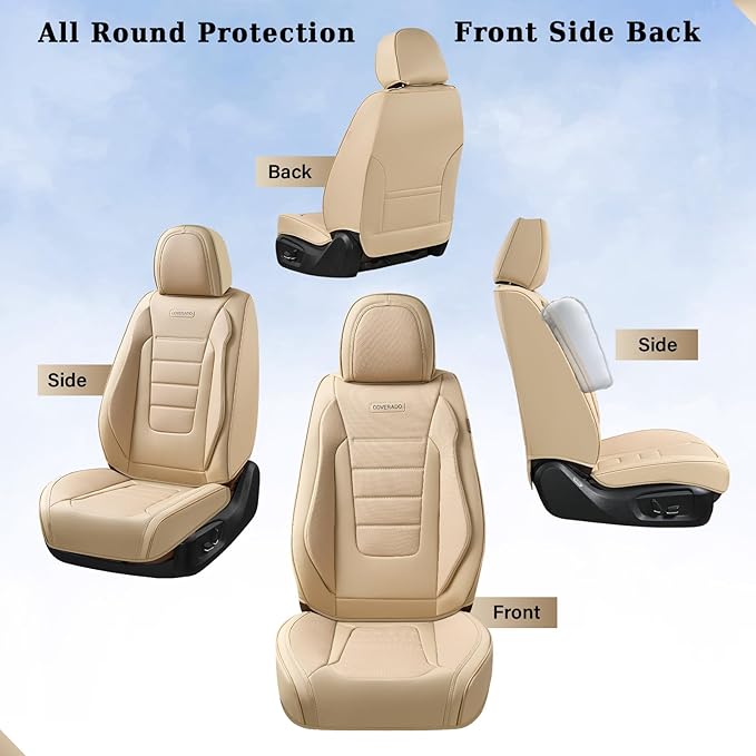 Coverado Car Seat Covers Front Seats, Car Seat Cover Beige, Car Seat Protector, Car Seat Cushion Nappa Leather, 2-Pack Waterproof Seat Covers Carseat Cover Universal Fit for Most Cars Trucks
